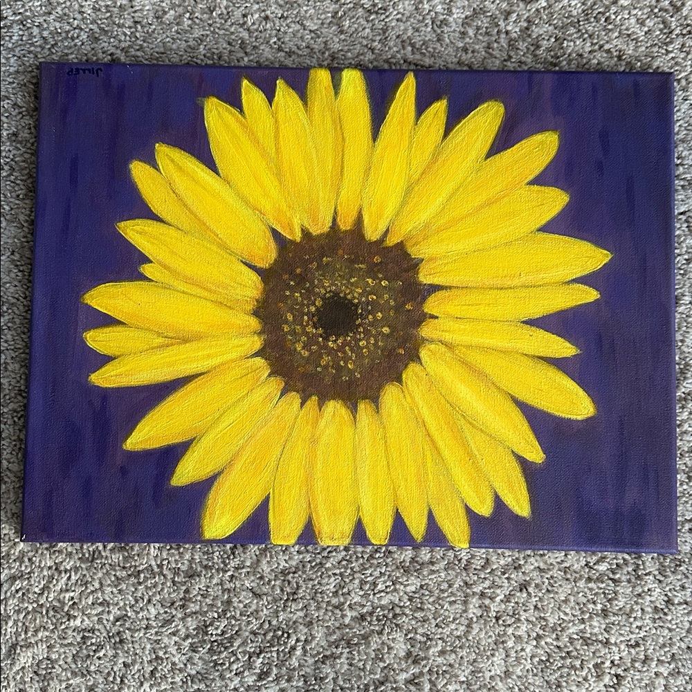 Handmade acrylic NWOT painting. Sunflower with purple background. 12” x 16”
